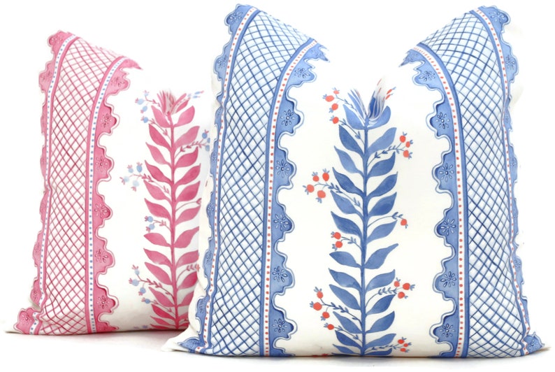 Blue Sweet Pea Decorative Pillow Cover, Throw Pillow, Accent Pillow, Pillow Sham Periwinkle blue coral pink trellis image 3