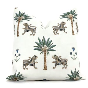 Schumacher Delft Tiger Palm Decorative Pillow Cover 18x18, 20x20, 22x22, Eurosham or lumbar Schumacher fabric palm tree green blue ottoman