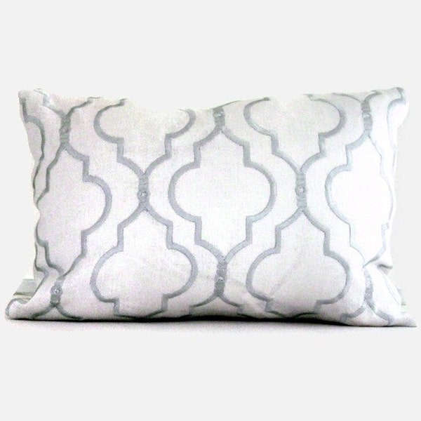 Kravet Spa Blue Embroidered Trellis on Linen Lumbar Pillow Cover 14x20, 18x18, 20x20