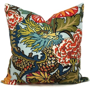 Aquamarine Schumacher Chiang Mai Decorative Pillow Cover with Dragon, aqua pillow Face 18x18, 20x20 or 22x22, throw pillow, accent pillow