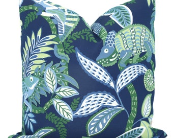 Thibaut Iggy Blue and Green Outdoor Decorative Pillow Cover Made to order any size Performance fabric indoor outdoor Coastal Tropical Iguana