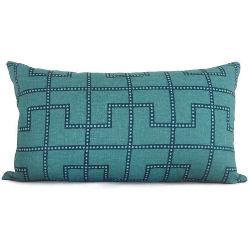Square or Lumbar pillow Turquoise trellis Schumacher Throw Accent Pillow Celerie Kemble Bleecker Peacock Blue Decorative Pillow Cover