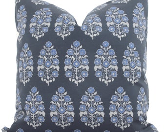 Mughal Floral Pillow Cover: Blue Tan Indian Wood Block Print