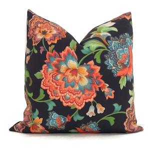 Colorful Jacobean Floral Linen Decorative Pillow Cover, Square, Eurosham, Lumbar pillow, Throw Pillow Accent Pillow Carrot Orange Pillow eor
