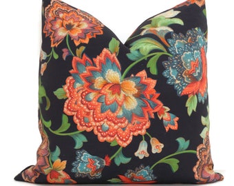 Colorful Jacobean Floral Linen Decorative Pillow Cover, Square, Eurosham, Lumbar pillow, Throw Pillow Accent Pillow Carrot Orange Pillow