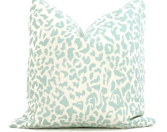 Aqua Leopard Print Pillow Cover: Quadrille Linen Decorative Pillow