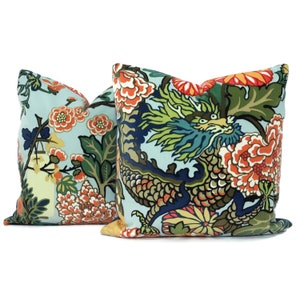 Pair of Aqua Velvet Schumacher Chiang Mai Dragon Decorative Pillow Covers, Toss Pillow, Accent Pillow, Throw Pillow, Pillow sham