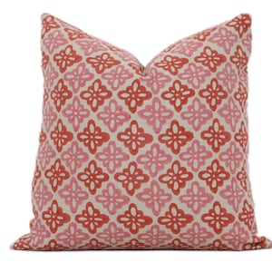 Pink and Red Pattee wood block Molly Mahon Decorative Pillow Cover 18x18, 20x20, 22x22, Eurosham or lumbar wood block print Schumacher eor