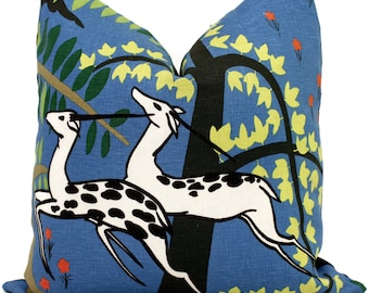 Blue Linen Antelope Pillow Cover: Schumacher Paul Poiret Design