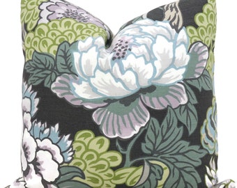 Chinoiserie Floral Pillow Cover: Thibaut Honshu Gray, Purple, Green