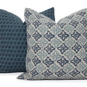 Teal and Aqua Pattee wood block Molly Mahon Decorative Pillow Cover 18x18, 20x20, 22x22, Eurosham or lumbar wood block print Schumacher