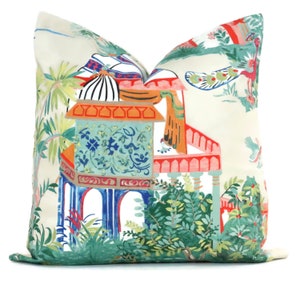 Thibaut Cream Mystic Garden Decorative Pillow Cover  18x18, 20x20, 22x22, 24x24 Eurosham or lumbar Asian Chinoiserie Pagoda