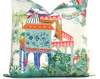 Thibaut Cream Mystic Garden Decorative Pillow Cover  18x18, 20x20, 22x22, 24x24 Eurosham or lumbar Asian Chinoiserie Pagoda