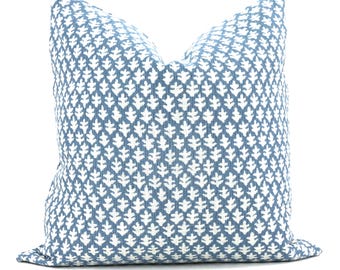 Sister Parish Burma Summer Blue Pillow Cover: Woven Outdoor Accent Pillow Performance Fabric