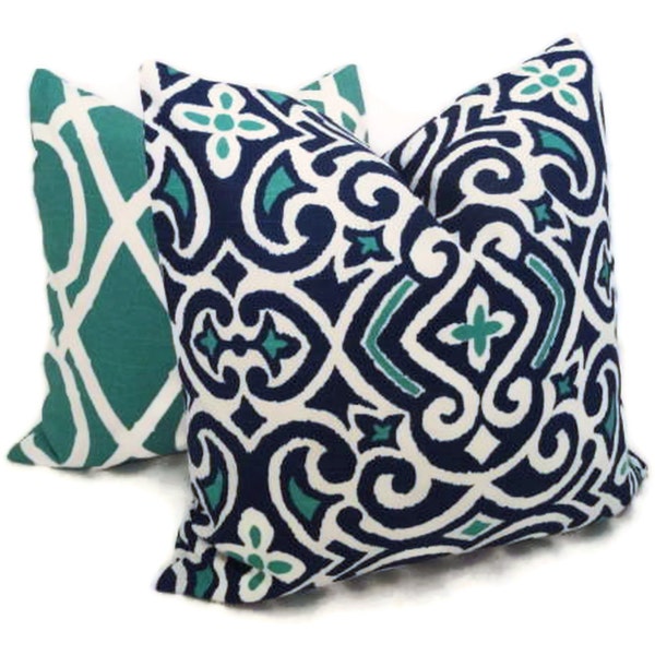 Robert Allen Moroccan Blue and Ultramarine Green Tile Decorative Pillow Cover 18x18, 20x20 or 22x22 - Toss Pillow -  Throw Pillow