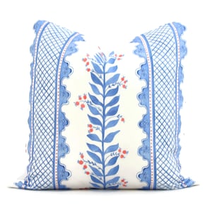 Blue Sweet Pea Decorative Pillow Cover, Throw Pillow, Accent Pillow, Pillow Sham Periwinkle blue coral pink trellis image 1