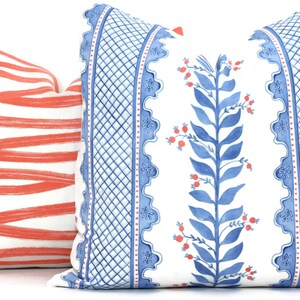 Blue Sweet Pea Decorative Pillow Cover, Throw Pillow, Accent Pillow, Pillow Sham Periwinkle blue coral pink trellis image 4