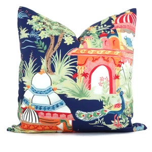 Thibaut Navy Blue Mystic Garden Decorative Pillow Cover  18x18, 20x20, 22x22, 24x24 Eurosham or lumbar Asian Chinoiserie Pagoda