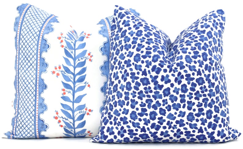 Blue Sweet Pea Decorative Pillow Cover, Throw Pillow, Accent Pillow, Pillow Sham Periwinkle blue coral pink trellis image 2