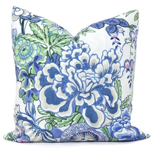 Blue  and Green Peony Garden Pillow Decorative Pillow Cover 18x18, 20x20, 22x22, Eurosham, lumbar Thibaut cushion cover, toss accent pillow