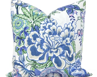 Thibaut Blue Peony Garden Pillow Cover: Floral Linen Accent Cushion
