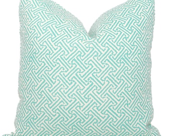 Funda de almohada Java Quadrille turquesa: almohada decorativa de lino