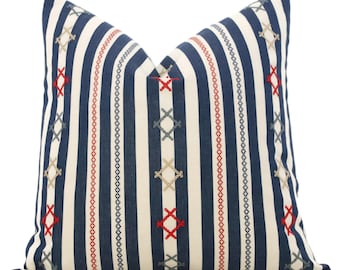 Schumacher Rhodes Stripe Pillow Cover: Navy Blue Cross Stitch, Bohemian Decor