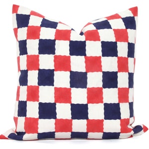 Molly Mahon Chequer Hand Block Decorative Pillow Cover 18x18, 20x20, 22x22, Eurosham or lumbar red and blue Check Plaid Schumacher rts