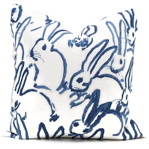 Lee Jofa Groundworks Hutch Pillow Cover, Blue Bunny Pillow Cover Made to Order, Hunt Slonem Navy and white pillow, throw pillow, toss pillow