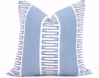 Thibaut Blue Raritan Line Embroidery Pillow Cover, Chambray Blue and White Stripe