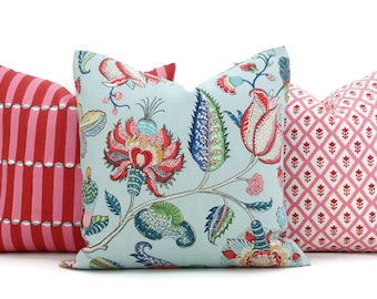 Brunschwig & Fils Aravali Floral Pillow Cover, Aqua Rose Linen Throw Pillow rmt
