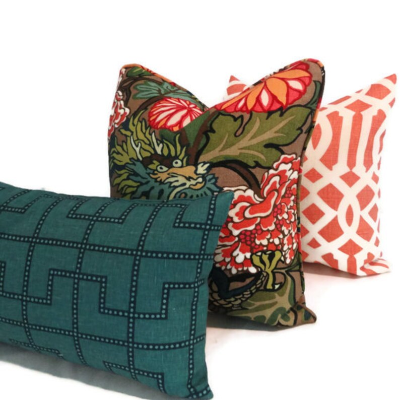 Square or Lumbar pillow Turquoise trellis Schumacher Throw Accent Pillow Celerie Kemble Bleecker Peacock Blue Decorative Pillow Cover