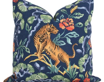 Chinoiserie Tiger Pillow Cover: Blue and Amber Jungle Accent Pillow