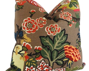 Mocha Chiang Mai Dragon Pillow Cover: Schumacher Linen Accent Pillow