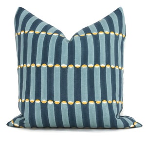 Blue and Turmeric wood block Molly Mahon Decorative Pillow Cover 18x18, 20x20, 22x22, Eurosham or lumbar wood block print Schumacher luna