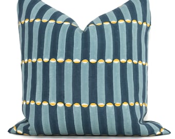 Luna Blue Yellow Stripe Wood Block Print Pillow Cover: Molly Mahon Design Schumacher Blue and Turmeric
