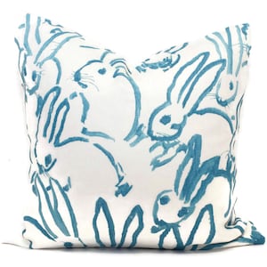 Lee Jofa Groundworks Hutch Pillow Cover, Aqua Bunny Pillow Cover Made to Order, Hunt Slonem, Aqua and white pillow, throw pillow toss pillow