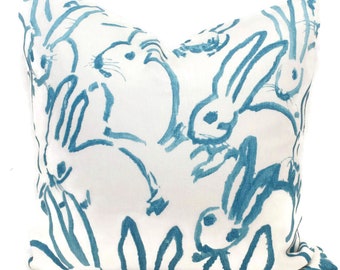 Lee Jofa Groundworks Hutch Pillow Cover, Aqua Bunny Pillow Cover Made to Order, Hunt Slonem, Aqua and white pillow, throw pillow toss pillow