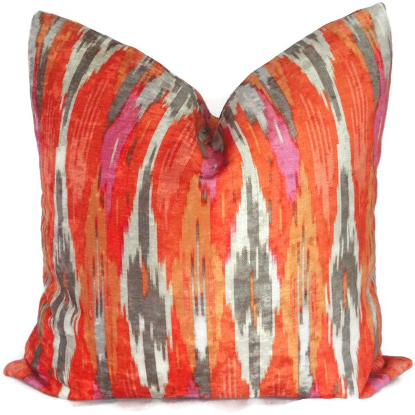 Iman Orange Velvet Ikat Chevron Decorative Pillow Cover, Lumbar pillow Throw Pillow, Accent Pillow, Toss Pillow