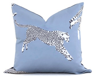Cloud Nine Light Blue Leaping Cheetah Scalamandre Decorative Pillow Cover, Square, Euro Lumbar Pilllow 18, 20, 22, 24, 26 leopard