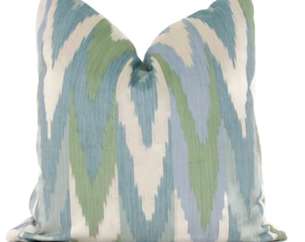 Schumacher Velvet Ikat Pillow Cover: Mineral Leaf Kashgar, Aqua Blue