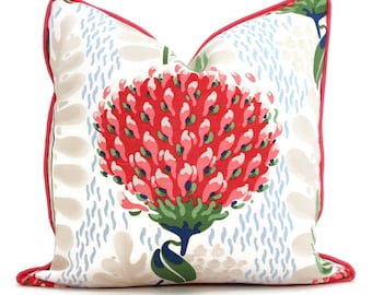 Red Floral Pillow Cover: Thibaut Tiverton Tropical Linen Cushion
