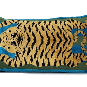 Decorative Pillow Cover Turquoise Hartig Jokhang Tiger 12x20 Lumbar or 20x20 Square Pillow Cover Schumacher pillow, accent pillow