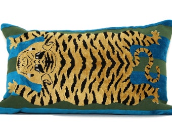 Turquoise Tiger Velvet Pillow Cover: Schumacher Hartig Jokhang Lumbar Pillow
