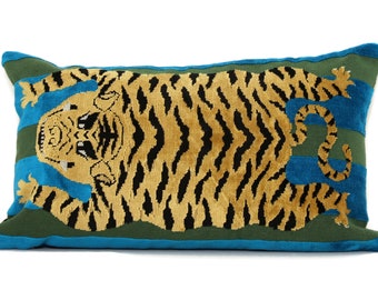 Decorative Pillow Cover Turquoise Hartig Jokhang Tiger 12x20 Lumbar or 20x20 Square Pillow Cover Schumacher pillow, accent pillow