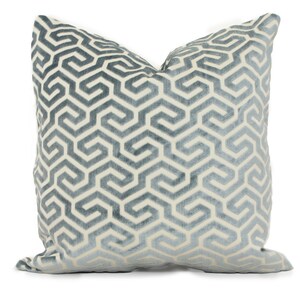 Schumacher Ming Velvet Greek Key in Mineral Decorative Pillow Cover 20x20 Toss Pillow, Throw Pillow, Accent Pillow