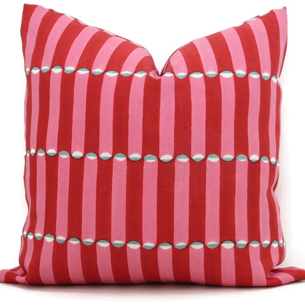Red and pink wood block Molly Mahon Decorative Pillow Cover 18x18, 20x20, 22x22, Eurosham or lumbar wood block print Schumacher luna