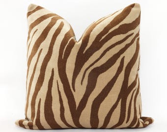 Ribbed Velvet Tiger Stripe Pillow Cover: Carmel Animal Print Cushion