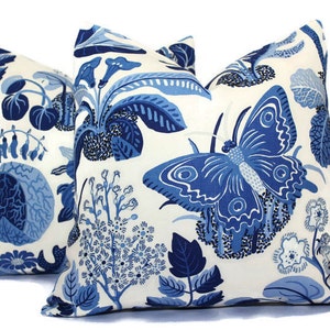 Schumacher Exotic Butterfly in Blue Decorative Pillow Cover 18x18, 20x20, 22x22, Eurosham, Lumbar Pillow, Josef Frank, Mid century