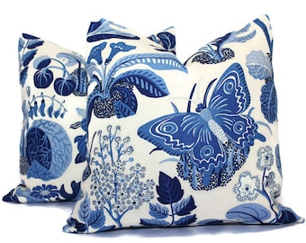 Schumacher Exotic Butterfly Pillow Cover: Blue Josef Frank Floral on Linen